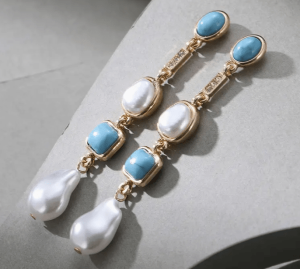 Brincos de aço vintage azul e branco