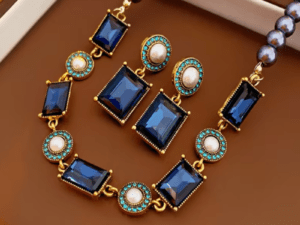 Conjunto Colar e Brincos em aço com pérolas e pedras turquesa e azul