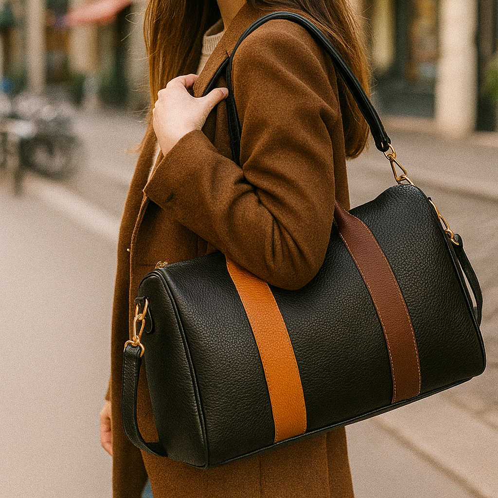 Mala Preta com Alça Colorida e Detalhes Castanhos