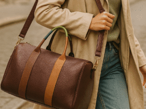 Mala Bordeaux com Alça Colorida e Detalhes Castanhos