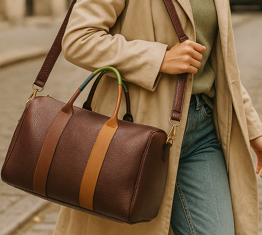 Mala Bordeaux com Alça Colorida e Detalhes Castanhos