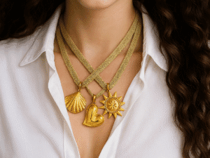 Colares dourados com sol, coração e concha