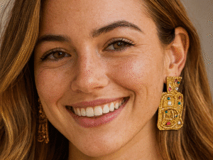 Brincos Dourados Geométricos com Pedras Coloridas