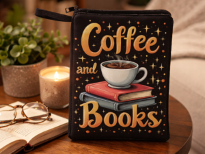 Capa para Livros, i-Pads e Tablets “Coffee and Books” – Bolsa com Fecho e Bolso Exterior ☕✨📚