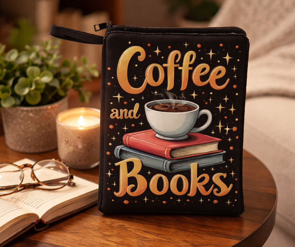 Capa para Livros, i-Pads e Tablets “Coffee and Books” – Bolsa com Fecho e Bolso Exterior ☕✨📚